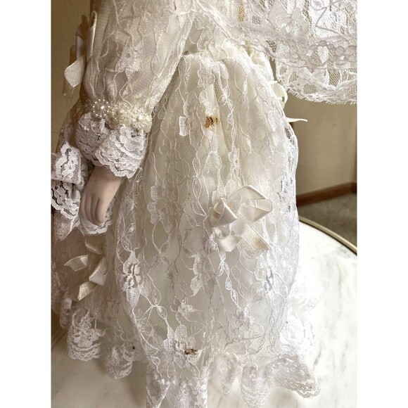 BRIDE Porcelain Doll Wedding Dress Veil Flowers Blonde Hair Blue Eyes Boots 17in - Picture 4 of 5